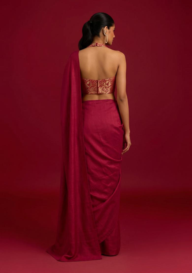 Deep Maroon Brocade Pre Draped Saree Set - Indya