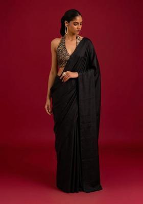 Black Brocade Pre Draped Saree Set