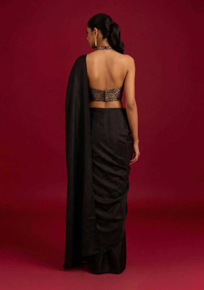 Black Brocade Pre Draped Saree Set - Indya