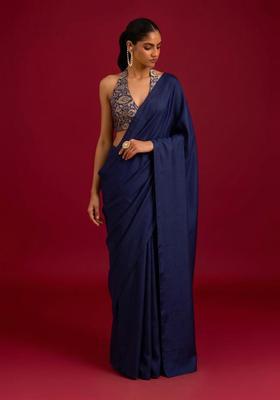 Navy Blue Brocade Pre Draped Saree Set