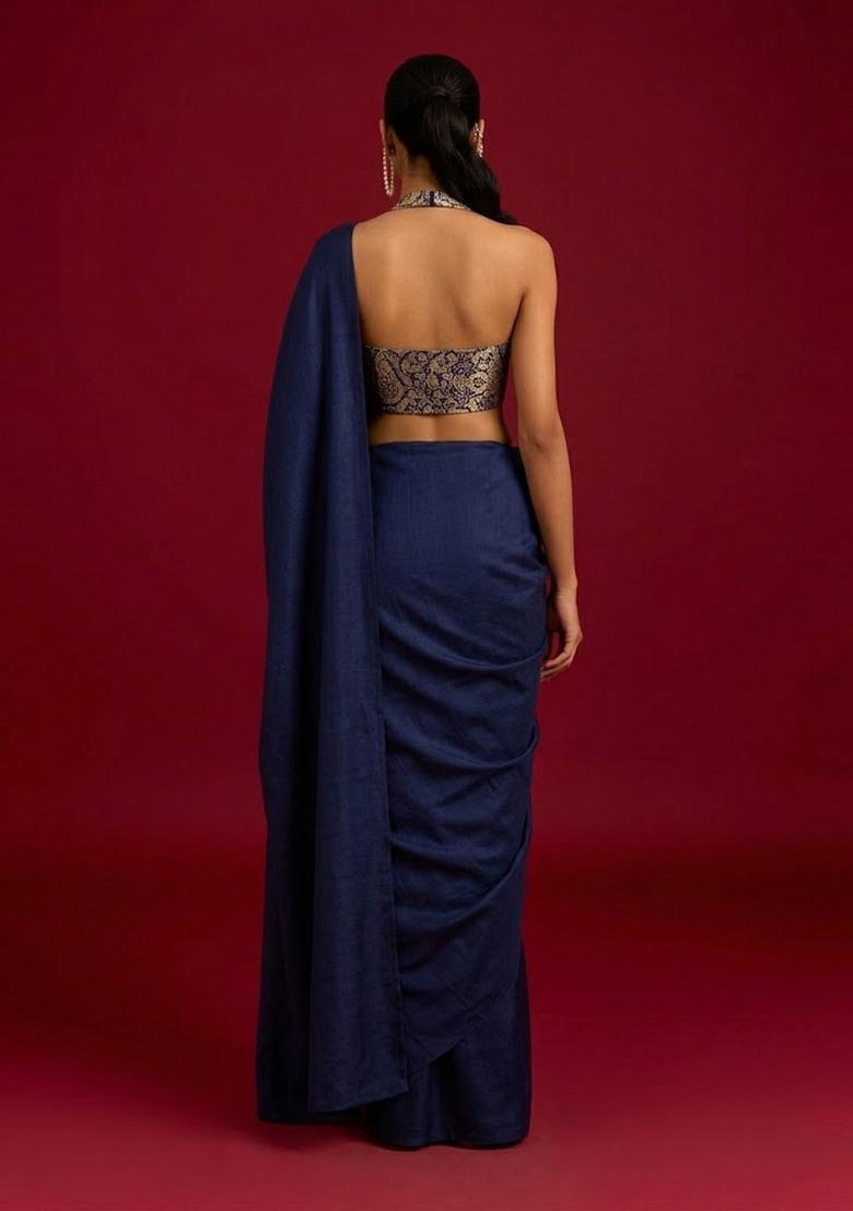 Navy Blue Brocade Pre Draped Saree Set - Indya