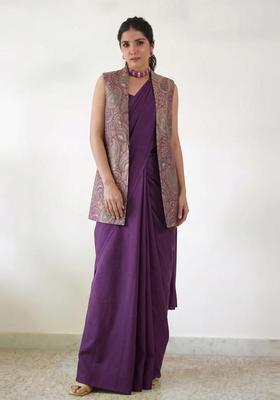 Deep Purple Brocade Pre Draped Saree Set