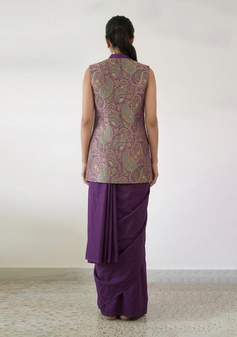 Deep Purple Brocade Pre Draped Saree Set - Indya