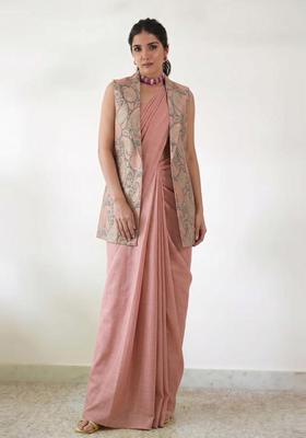 Dusty Pink Brocade Pre Draped Saree Set