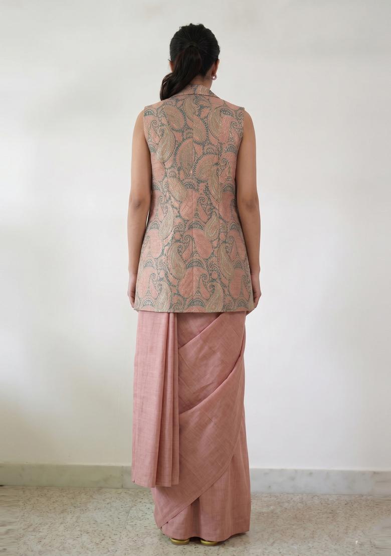 Dusty Pink Brocade Pre Draped Saree Set - Indya