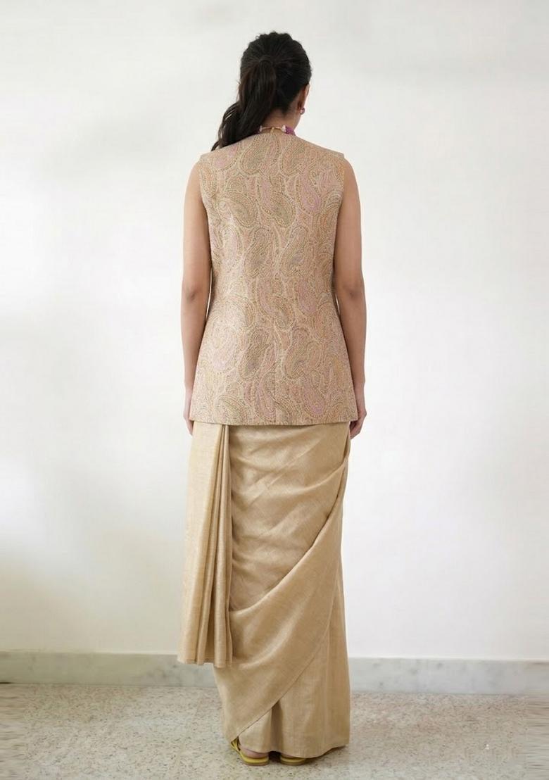 Champagne Gold Brocade Pre Draped Saree Set - Indya