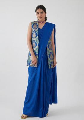 Royal Blue Brocade Pre Draped Saree Set