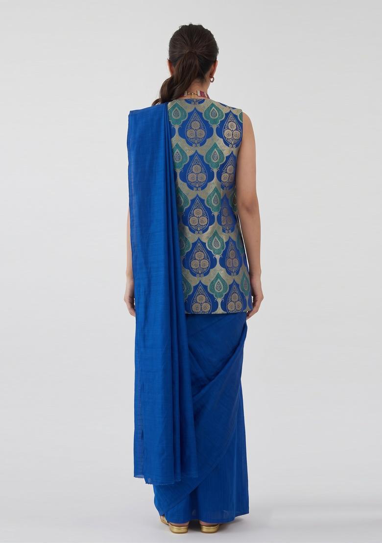 Royal Blue Brocade Pre Draped Saree Set - Indya