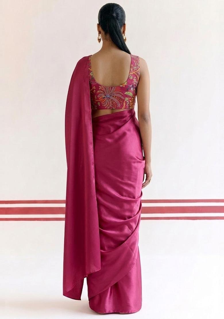Pink Floral Print Georgette Pre Draped Saree Set - Indya