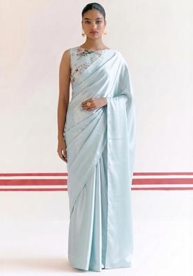White Floral Print Georgette Pre Draped Saree Set