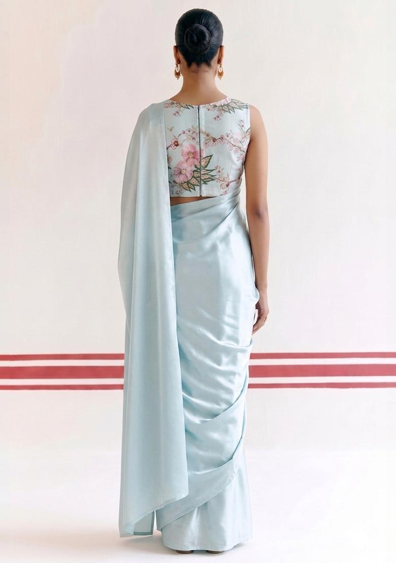White Floral Print Georgette Pre Draped Saree Set - Indya
