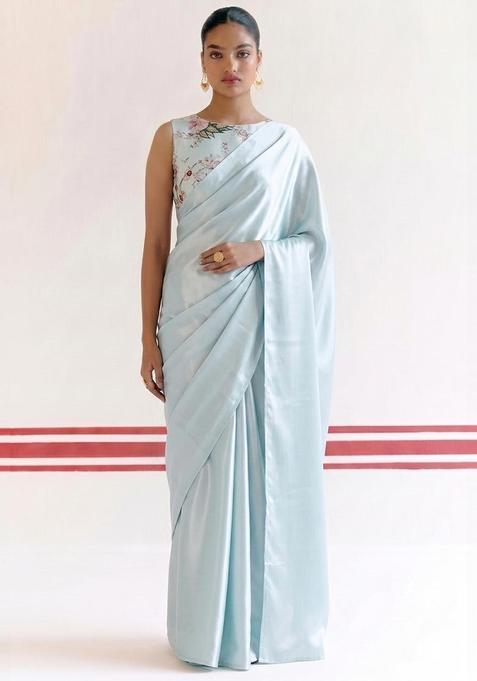 White Floral Print Georgette Pre Draped Saree Set