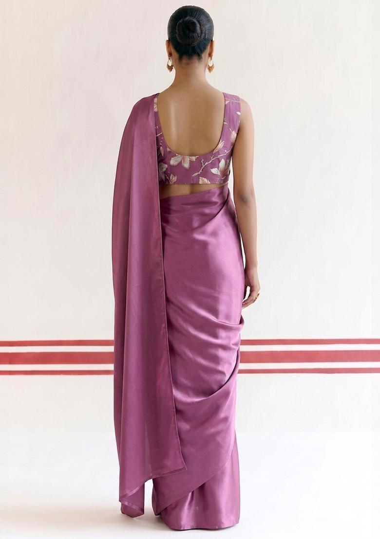 Dusty Purple Printed Georgette Pre Draped Saree Set - Indya