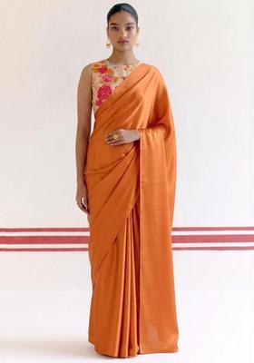 Cream Beige Floral Print Georgette Pre Draped Saree Set