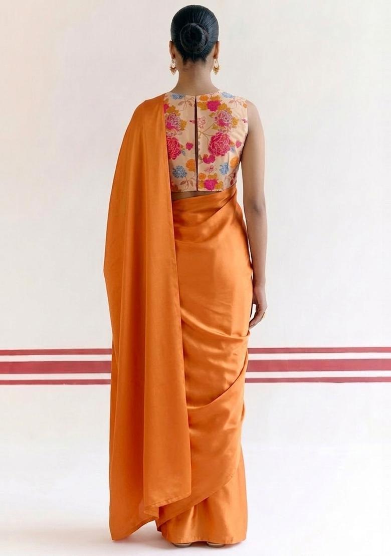 Cream Beige Floral Print Georgette Pre Draped Saree Set - Indya