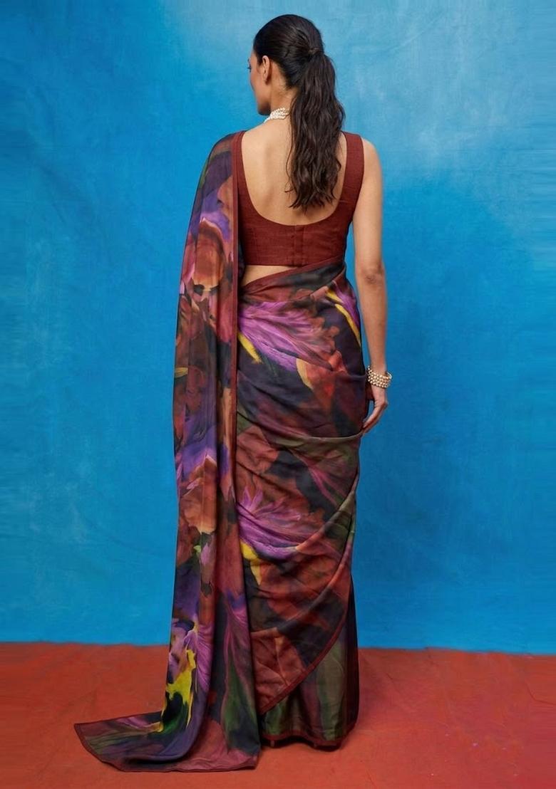 Multi Floral Print Georgette Pre Draped Saree Set - Indya