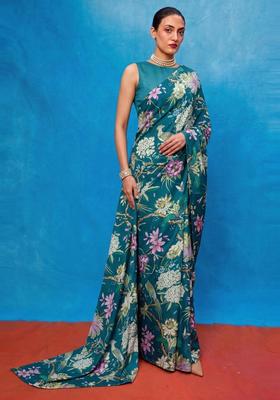 Teal Blue Floral Print Georgette Pre Draped Saree Set