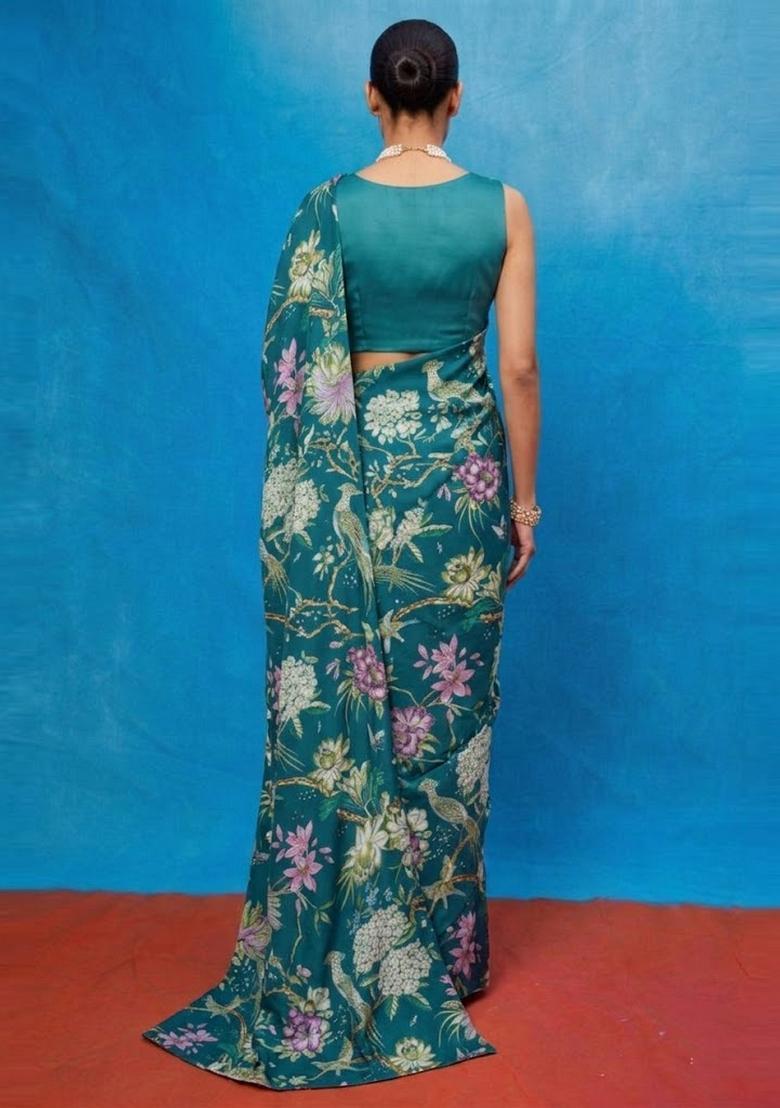 Teal Blue Floral Print Georgette Pre Draped Saree Set - Indya