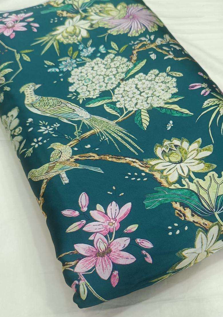 Teal Blue Floral Print Georgette Pre Draped Saree Set - Indya