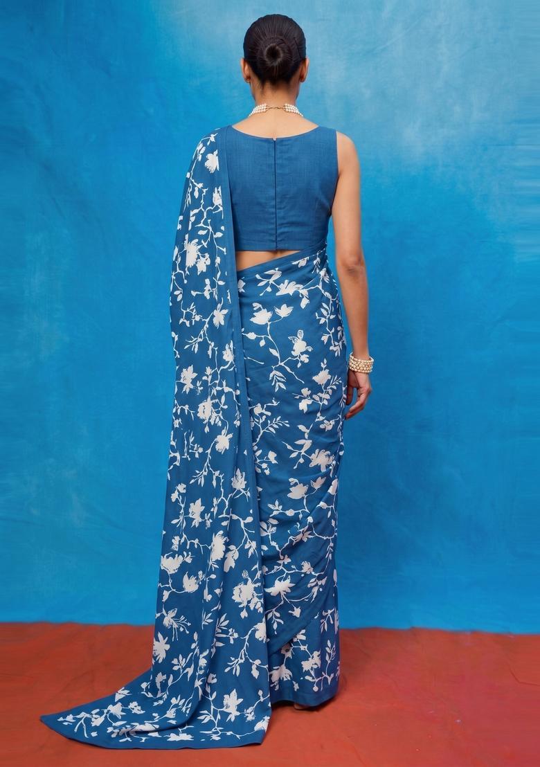 Steel Blue Floral Print Georgette Pre Draped Saree Set - Indya