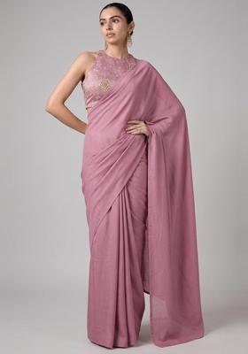 Dusty Pink Zari Work Tissue Pre Draped Saree Set