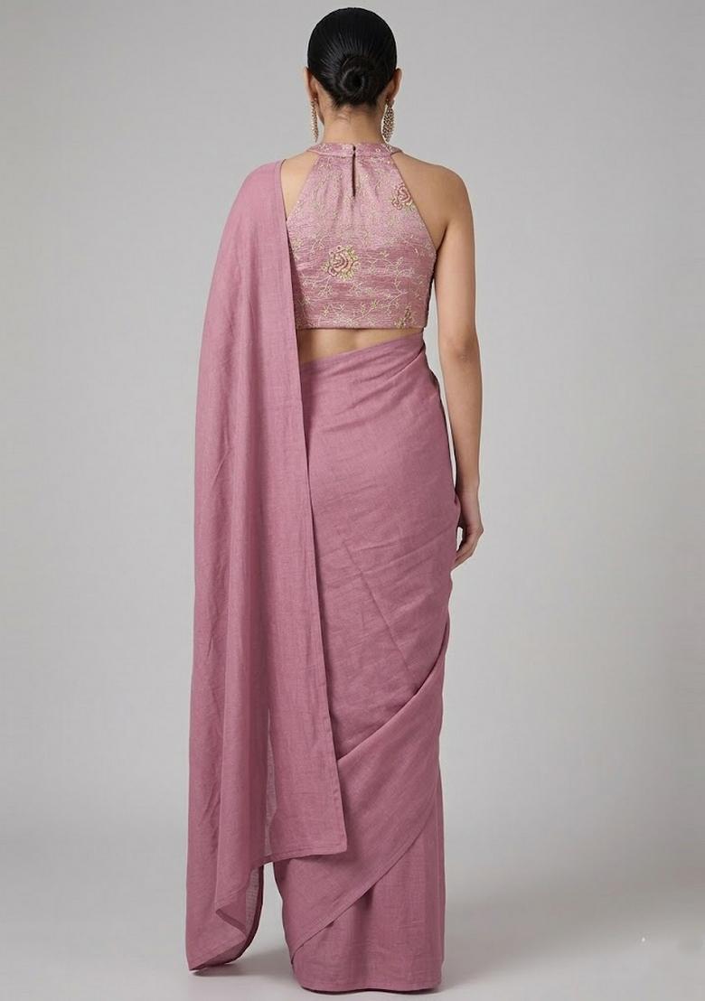 Dusty Pink Zari Work Tissue Pre Draped Saree Set - Indya