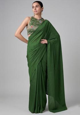 Dark Green Zari Work Tissue Pre Draped Saree Set