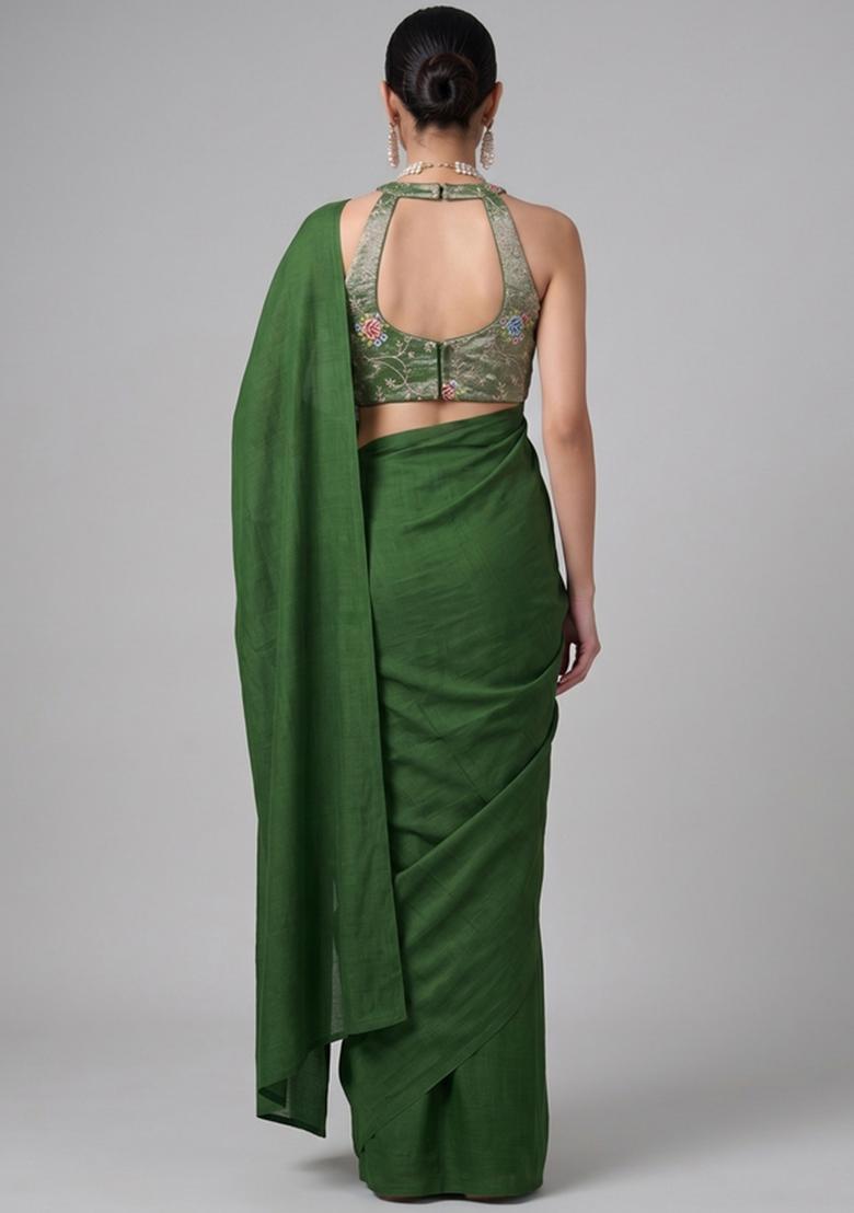 Dark Green Zari Work Tissue Pre Draped Saree Set - Indya