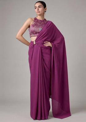 Deep Wine Zari Work Tissue Pre Draped Saree Set