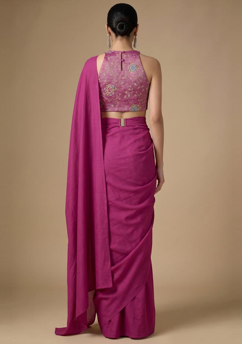 Magenta Pink Zari Work Tissue Pre Draped Saree Set - Indya