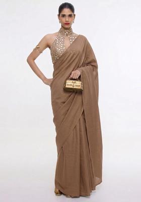 Chestnut Brown Mirror Work Silk Blend Pre Draped Saree Set