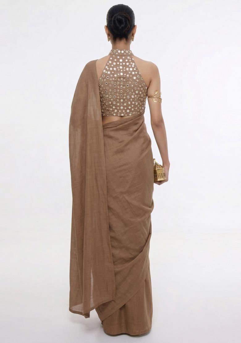 Chestnut Brown Mirror Work Silk Blend Pre Draped Saree Set - Indya