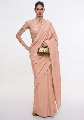 Dusty Peach Mirror Work Silk Blend Pre Draped Saree Set