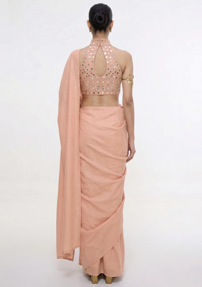 Dusty Peach Mirror Work Silk Blend Pre Draped Saree Set - Indya