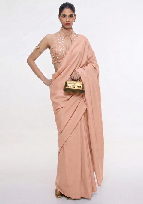 Dusty Peach Mirror Work Silk Blend Pre Draped Saree Set