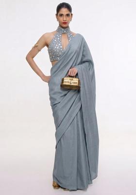 Slate Grey Mirror Work Silk Blend Pre Draped Saree Set
