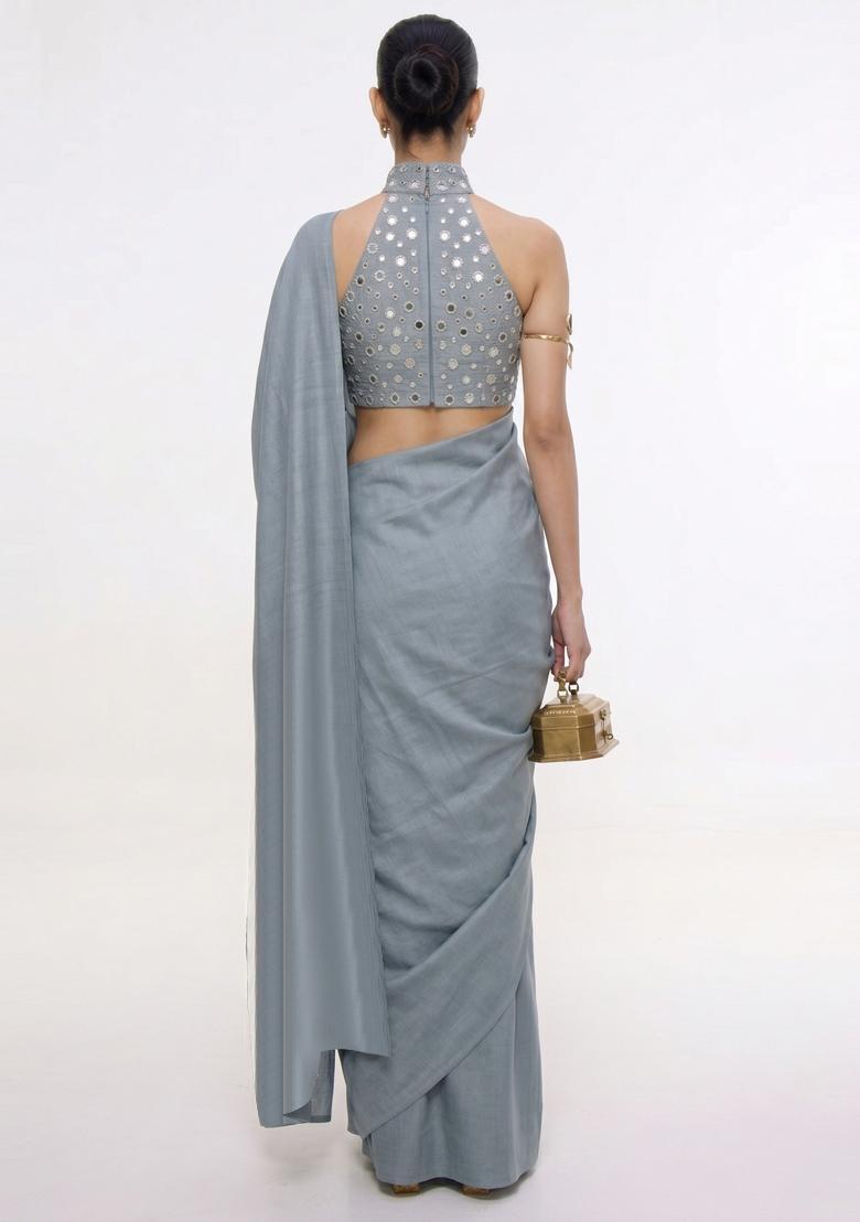 Slate Grey Mirror Work Silk Blend Pre Draped Saree Set - Indya