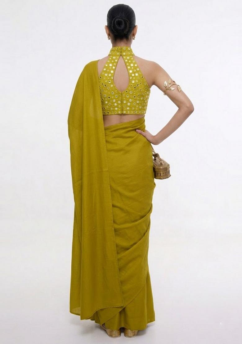 Olive Green Mirror Work Silk Blend Pre Draped Saree Set - Indya