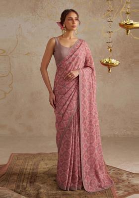 Dusty Pink Printed Georgette Pre Draped Saree Set