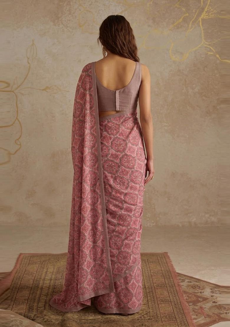 Dusty Pink Printed Georgette Pre Draped Saree Set - Indya