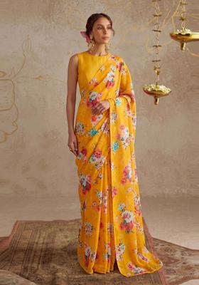 Yellow Floral Print Georgette Pre Draped Saree Set