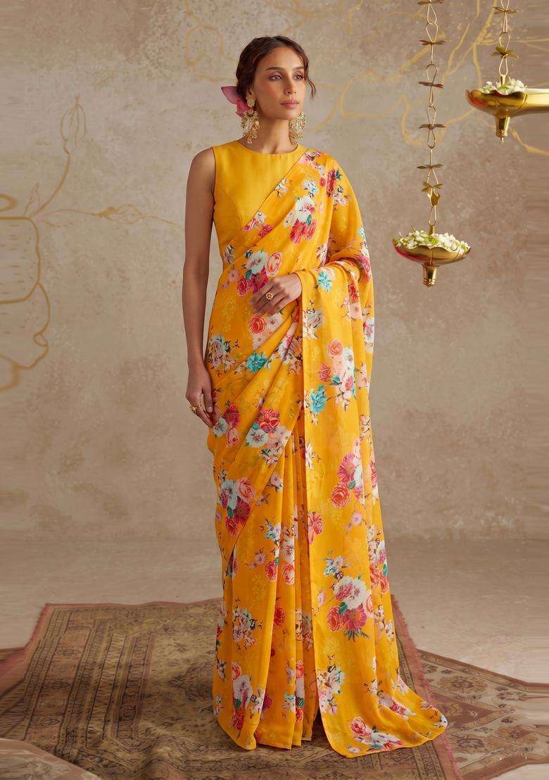 Yellow Floral Print Georgette Pre Draped Saree Set - Indya