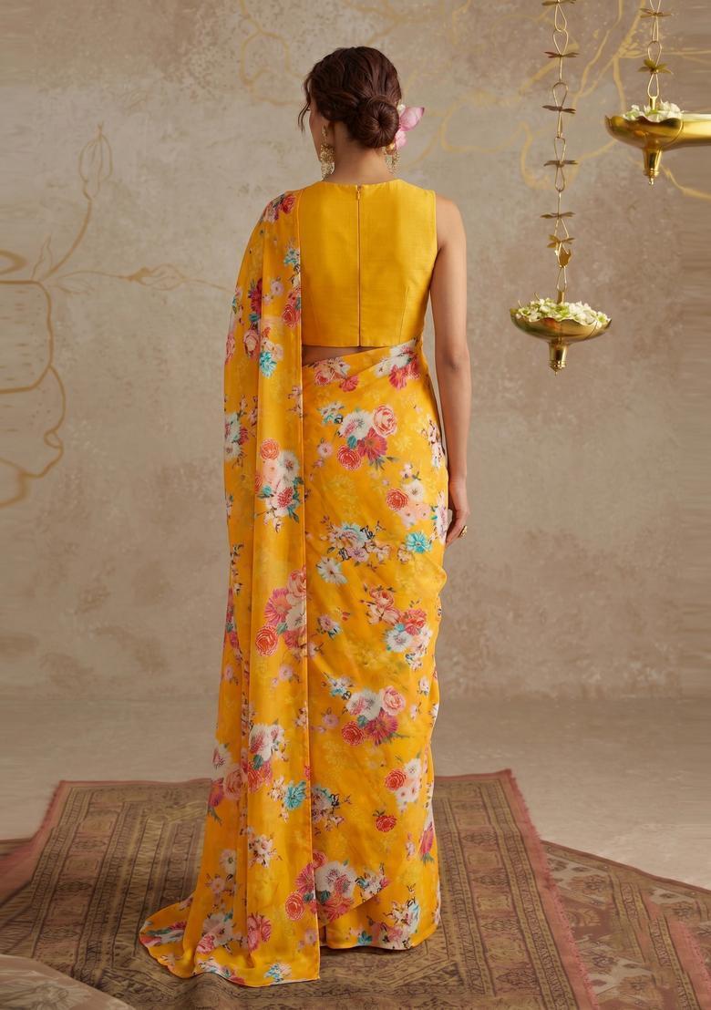 Yellow Floral Print Georgette Pre Draped Saree Set - Indya
