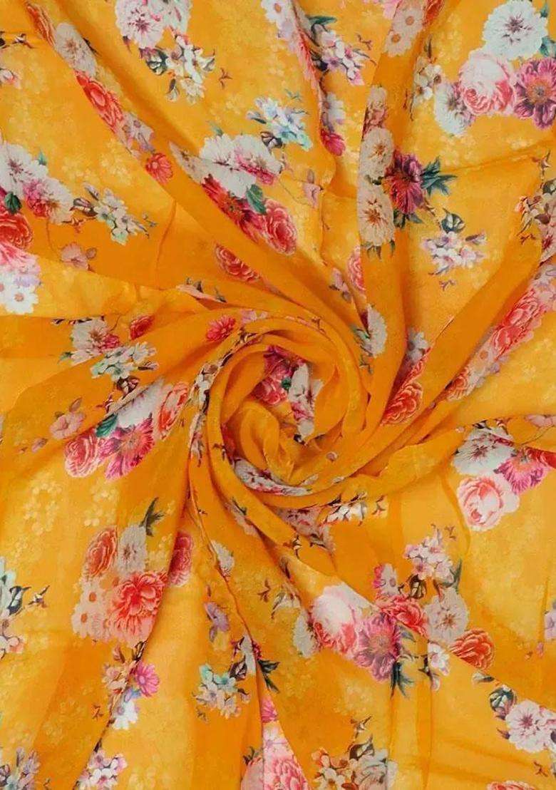 Yellow Floral Print Georgette Pre Draped Saree Set - Indya