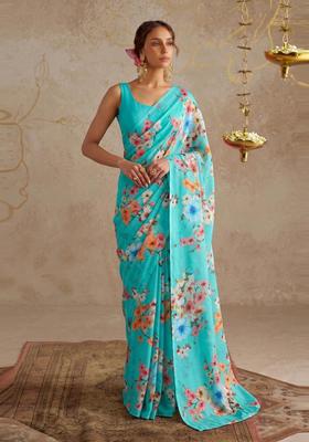 Sky Blue Floral Print Georgette Pre Draped Saree Set