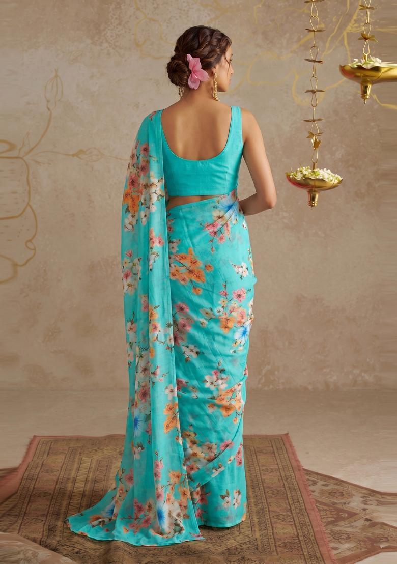 Sky Blue Floral Print Georgette Pre Draped Saree Set - Indya