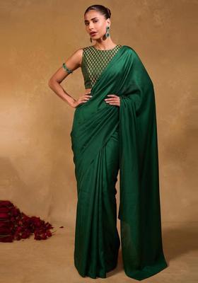 Dark Green Brocade Pre Draped Saree Set