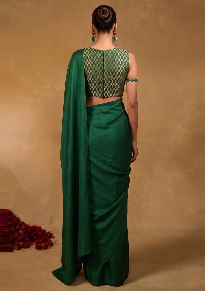 Dark Green Brocade Pre Draped Saree Set - Indya