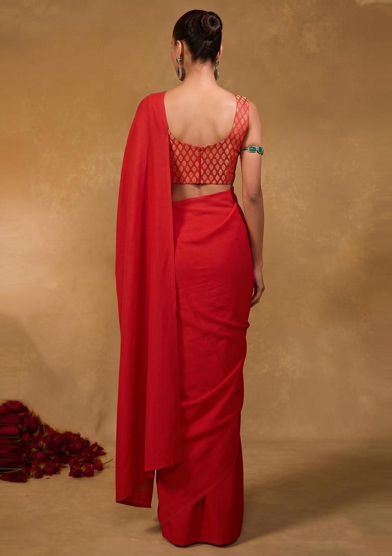 Red Brocade Pre Draped Saree Set - Indya