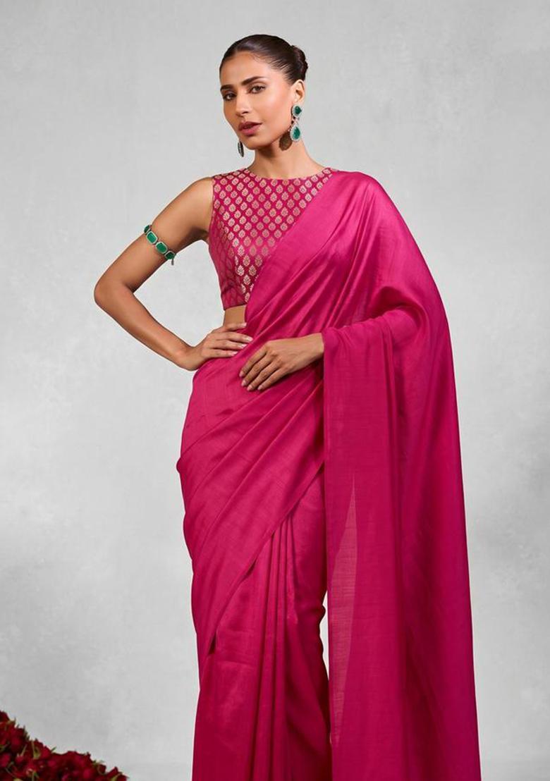 Rani Pink Brocade Pre Draped Saree Set - Indya